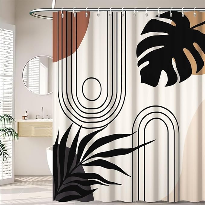 Modern Bohemia Bathroom Curtain Beige Abstract Minimalist Bathroom Decor Set Stripes Arch Sun Palm Leaves Chic Aesthetic Washable Waterproof Polyester Fabric with Hooks 60x72 Inch