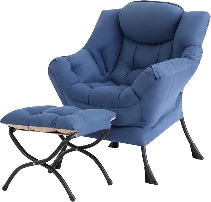 Tiita Lazy Chair with Ottoman, Blue Modern Large Accent Chair, Comfy Leisure Sofa Armchair with Ottoman, Reading Chair with Footrest for Bedroom, Living Room, Dorm Rooms, Blue