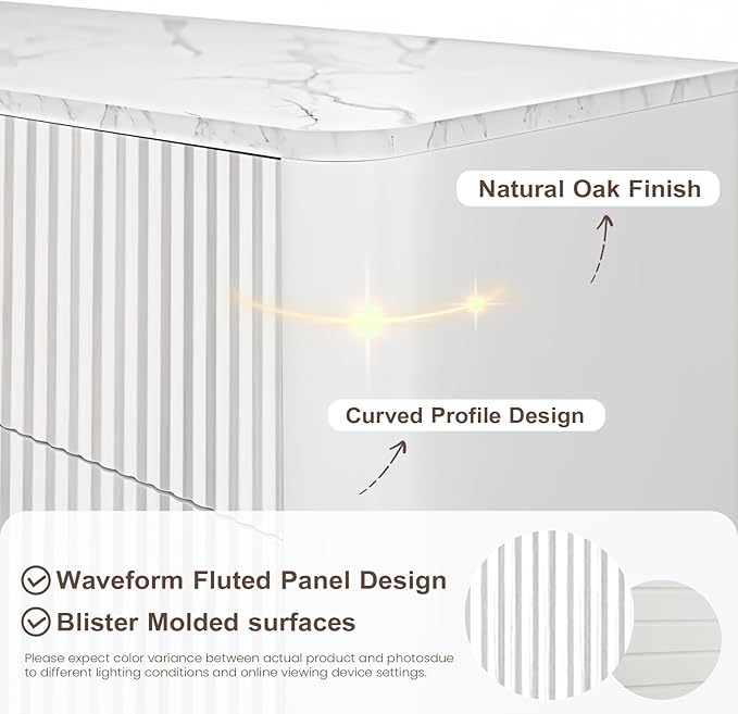 Fluted 5 Drawers Dresser for Bedroom, 47" Tall Handleless Chest of Drawers with Faux Marble Top, Curved Profile Design, Wood Drawer Organizerfor forLiving Room, Hallway, Entryway, White