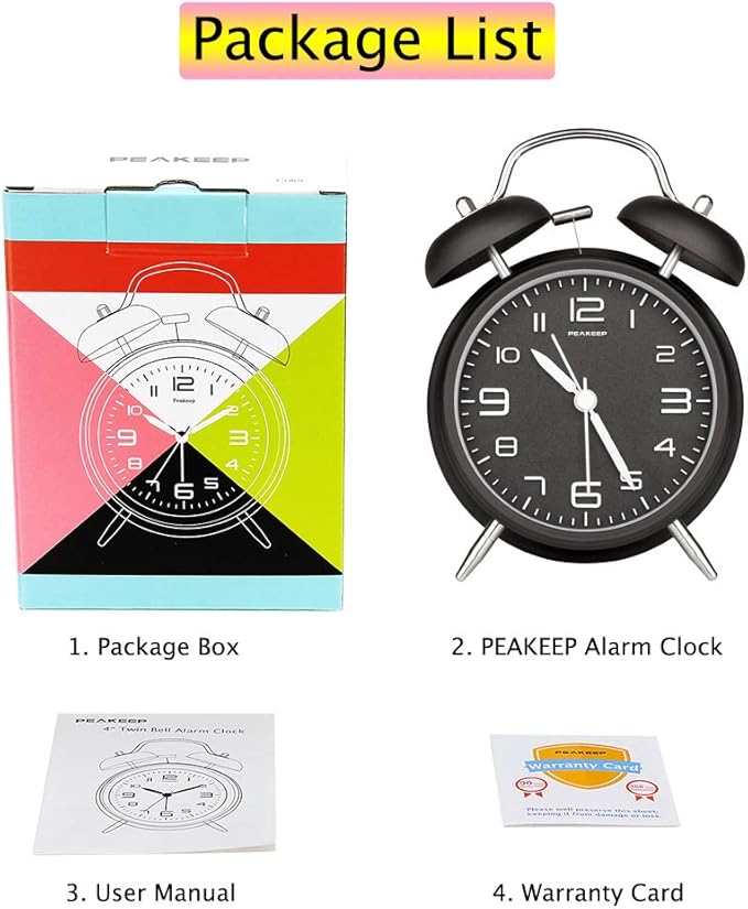 Peakeep 4 Inches Twin Bell Loud Alarm Clock for Heavy Sleepers, Backlight, Battery Operated Old Fashioned Alarm Clock for Bedrooms (3D-Dial, Black)