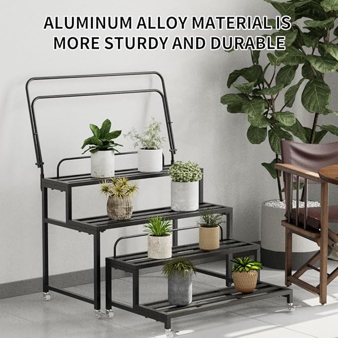Metal Plant Stand for Outdoor Indoor, 4-Tier Aluminum Plant Stands, Multiple Plants Shelf with Universal Wheel, Flowers Pot Holder Rack for Lawn Garden Balcony Patio