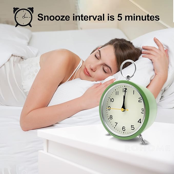 Small Alarm Clock, Silent Non Ticking Quartz Movement, Hanging Modern Metal Design, Battery Operated with Night Light, for Bedroom, Bedside, Desk, Living Room, Office, Shelf, Nightstand (Grass Green)