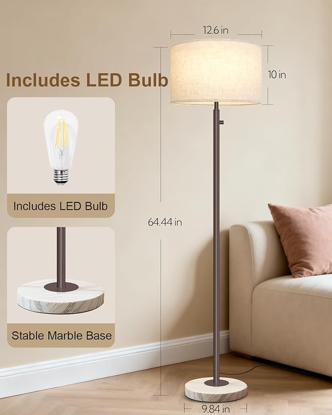 Brown Floor Lamp for Living Room,Dimmable Floor Lamp,Modern Standing Lamp with Marble Base,Tall Standing Lamp for Bedroom, Reading,Office & Kids' Room,LED Bulb Included