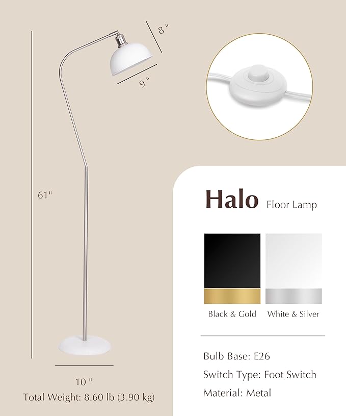 HarvestLand Halo Brass Floor Lamp Standing Reading Lamps Solid Base, Reading Lamp for Living Room, Bedside Table or Over Chair Use, Reading Light Standing Lamp, Adjustable Pharmacy Floor Lamp- White
