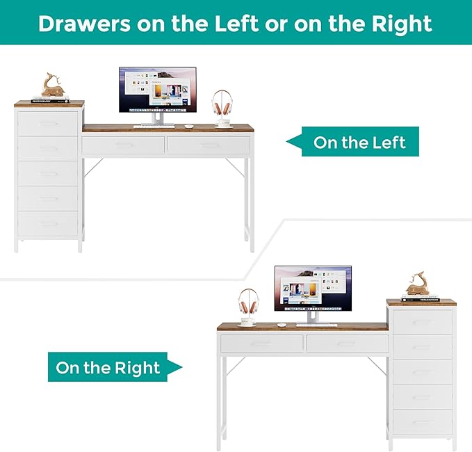 Computer Desk with Reversible Drawer, 55 inch Home Office Desks with 7 Drawers, Modern Compact Study Writing Table Workstation with Storage for Small Spaces, Light Brown and White