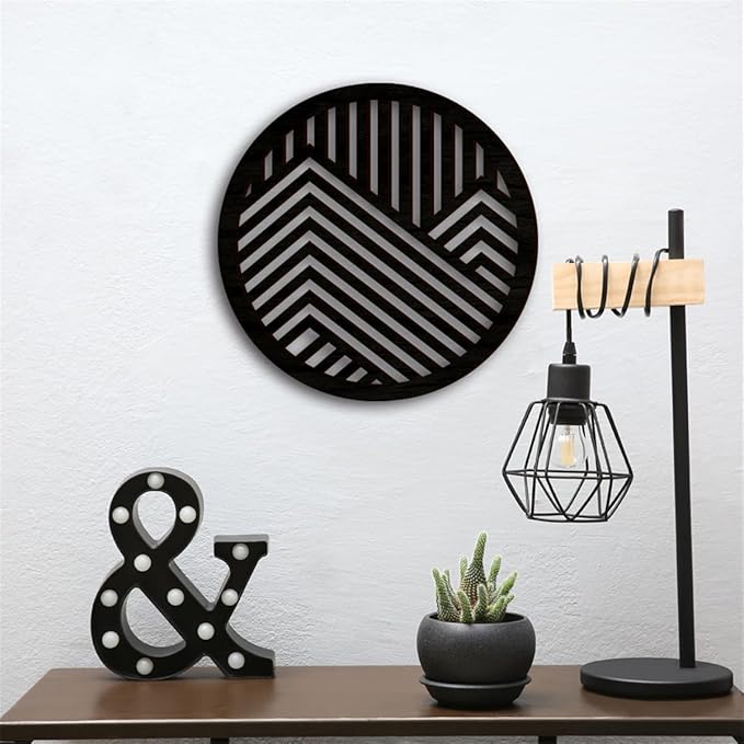Geometric Wood Wall Art Decor, Modern Vintage Mountain Wall Sculptures Hanging Abstract Panels Decor, 3D Round Hollow Wooden Craft Art Boho Wall Decoration, for Home Office Living Room Bedroom (Black)