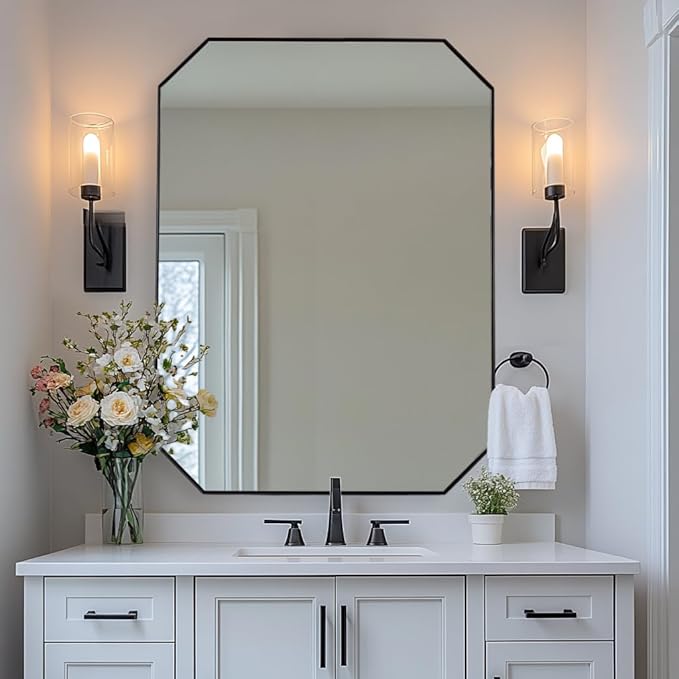 ANDY STAR Black Octagon Bathroom Mirror, 30x40 Inch Stainless Steel Metal Frame, Anti-Rust, Shatterproof HD Glass, Wall Mounted for Bathroom, Bedroom, Living Room
