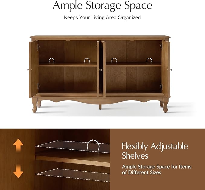 HULALA HOME Sideboard Buffet Cabinet with Storage, 58" Kitchen farmhouse Wood Credenza Storage Cabinet with 4 Doors and 2 Shelves, Accent Console Table with Solid Wood Legs & Adjustable Shelves, Acorn