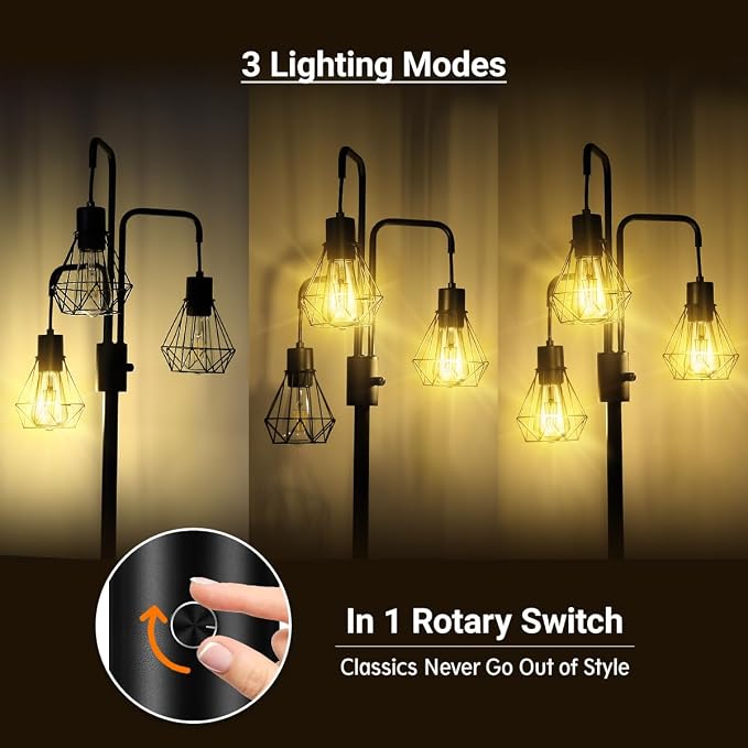BoostArea Industrial Floor Lamp,Metal Diamond Lampshade,Modern Stand Up Lamp with 3 Light, Bulbs Not Included,Simple Design Floor Lamp for Bedroom, Living Room, Office, Kids Room, Reading