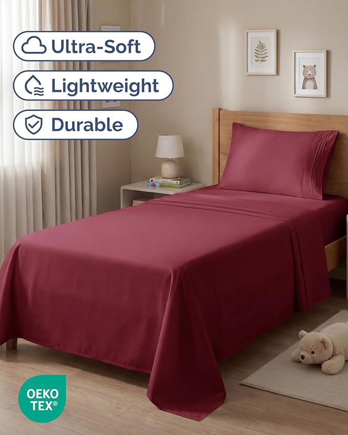 Twin Size 3 Piece Sheet Set - Comfy Breathable & Cooling Sheets - Hotel Luxury Bed Sheets for Women & Men - Deep Pockets, Easy-Fit, Extra Soft & Wrinkle Free Sheets - Burgundy Oeko-Tex Bed Sheet Set