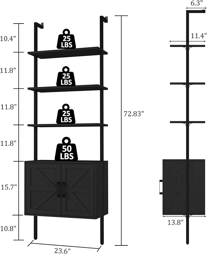 Yusong 73" Tall Bookshelf with Cabinet, Industrial Ladder Wall Mount Shelf Farmhouse Bookcase with Wood and Metal Frame, Plant Shelf Wall Storage Display for Living Room Bedroom, Farmhouse Black
