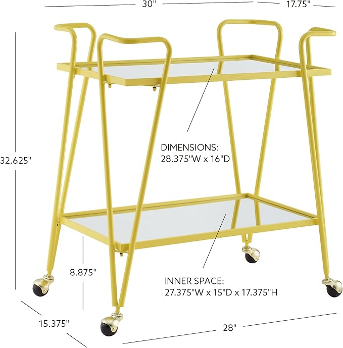Linon Gina Yellow Mid Century Bar Cart with Mirrored Shelves