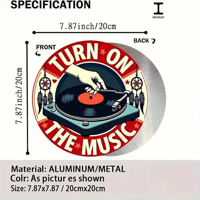 1pc Vintage Turn On The Music Vinyl Record Tin Sign, Retro Style Aluminum Wall Art, Rustic Metal Decor Plaque, 8x8", with No Electricity Needed, Cafe - Multipurpose Wall Hanging