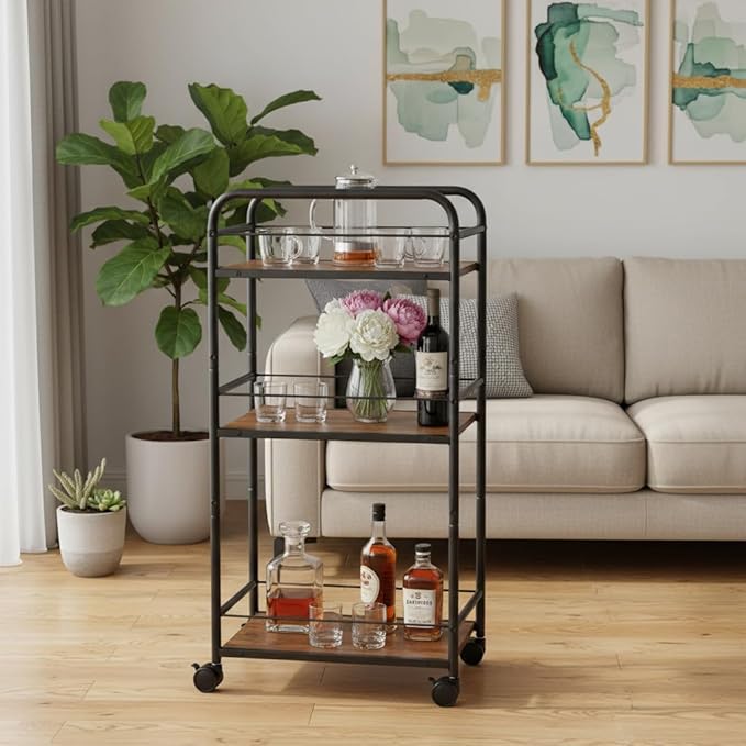 Small Bar Cart for Small Spaces, 3-Tier Slim Rolling Kitchen Cart on Wheels, Narrow Cart with Protective Fence, Industrial Mini Coffee Station for Home,Living Room,Bathroom, Rustic Brown