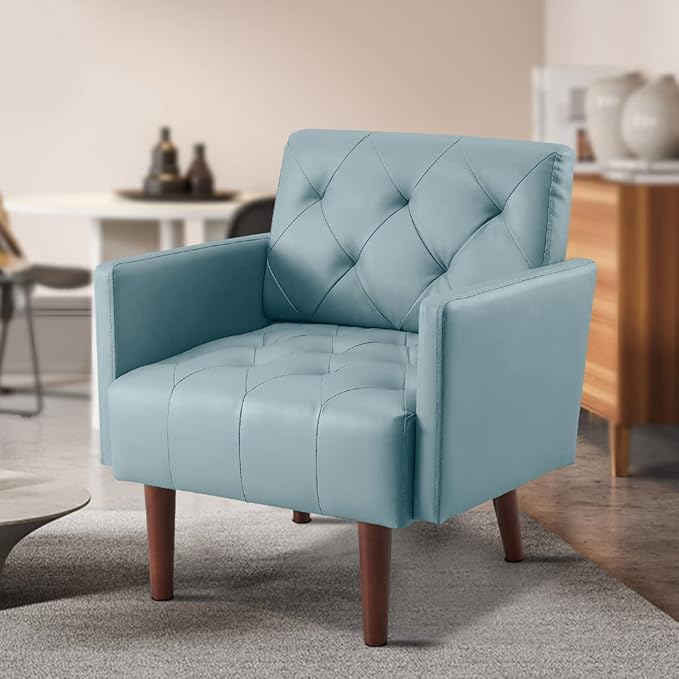 Faux Leather Accent Chair, Modern Retro Arm Chair for Living Room and Bedroom Tufted Upholstered Sofa Club Chair Comfy Armchair for Small Spaces Bedroom Office (Blue)