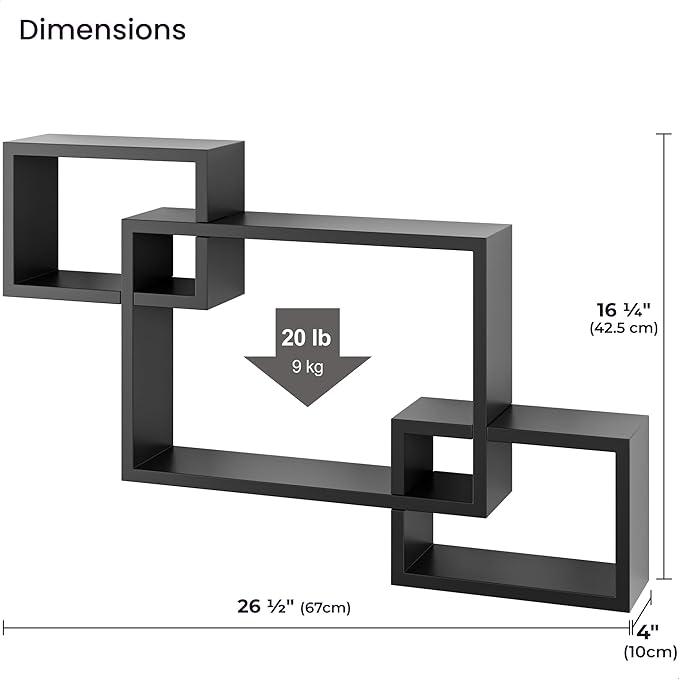 Ballucci Wooden Interweave Floating Wall Mounted Shelves, Horizontal and Vertical Display Storage Shelf for Living Room Bedroom Entryway Hallway Bathroom, 26" x 18", Black