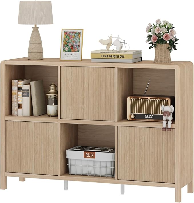 FATORRI 6 Cube Horizontal Bookshelf with 3 Doors, Modern Wood Book Shelf with Storage, Low Cubby Bookcase for Home Office (Light Walnut)