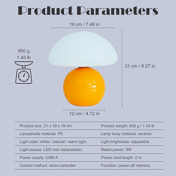 Cute Small Mushroom Lamp, PE Lampshade, Ceramic Base, Adjustable Light Color and Brightness with Power-Off Memory, Safe USB Powered, LED Mushroom Light for Bedroom Living Room (Orange)