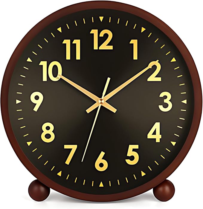 Maxspace Wooden Table Clock,8in Silent Non-Ticking Desk Clock,Battery Operated Desktop Analog Clock for Living Room Office Bedroom Decor (Black Gold - Walnut, Wooden Ball Base)