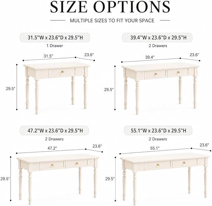 Walnut Writing Desks with Drawers, 47" Solid Wood French Country Style Computer Desk for Home Office, Living Room Study Workspace or Bedroom, Traditional Vanity Dressing Table