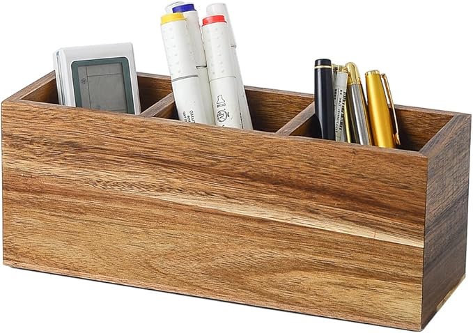 Wood Pens Pencils Holder Cup for Desk Remote Control Holder, Caddy, Organizer, Desktop Storage with 3 Compartments, Makeup Brush Holder, Silverware Caddy for Party, Office Supplies (Acacia)