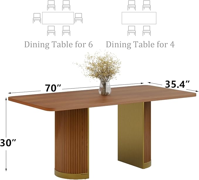 AUZ 70" Mid-Century Modern Dining Table for 4-6, Wood Kitchen Table with Fluted Pedestal Base and Brushed Gold Accents, Large Rectangular Farmhouse Dinner Table, Walnut(Table Only)
