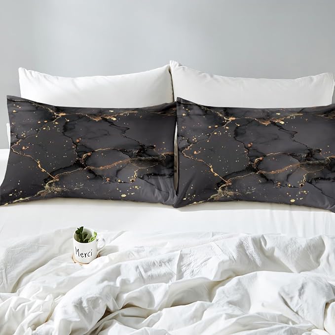 Black Marbling Comforter Cover Gold Metallic Sequin Bed Set, Dark Grey Marble Duvet Cover Queen Size Abstract Aesthetic Artwork Bedding Sets, Modern Fashion Bedspread Cover Luxurious Room Decor