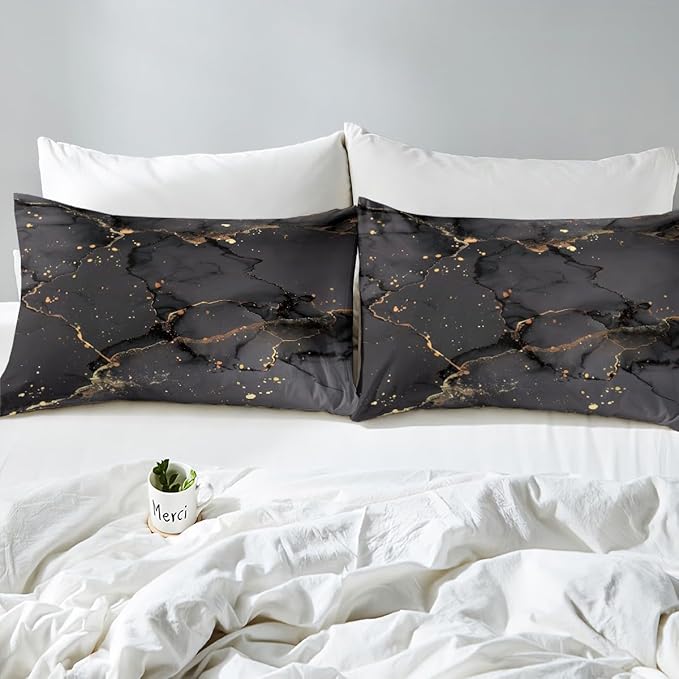 Erosebridal Black Marbling Bedding Sets King Gold Metallic Sequin Comforter Cover, Dark Grey Marble Bed Set Abstract Aesthetic Artwork Duvet Cover, Modern Fashion Quilt Cover Luxurious Room Decor
