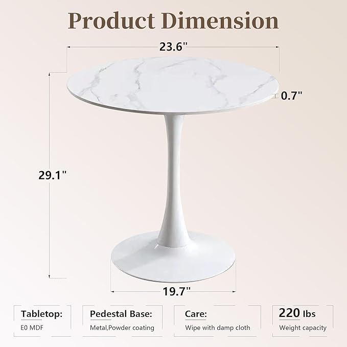 24 Inch Round Dining Table,Mid-Century Tulip Table with Metal Pedestal Base,Modern Leisure Table for Small Space Kitchen Dining Room,Easy Assembly,Marble Finish