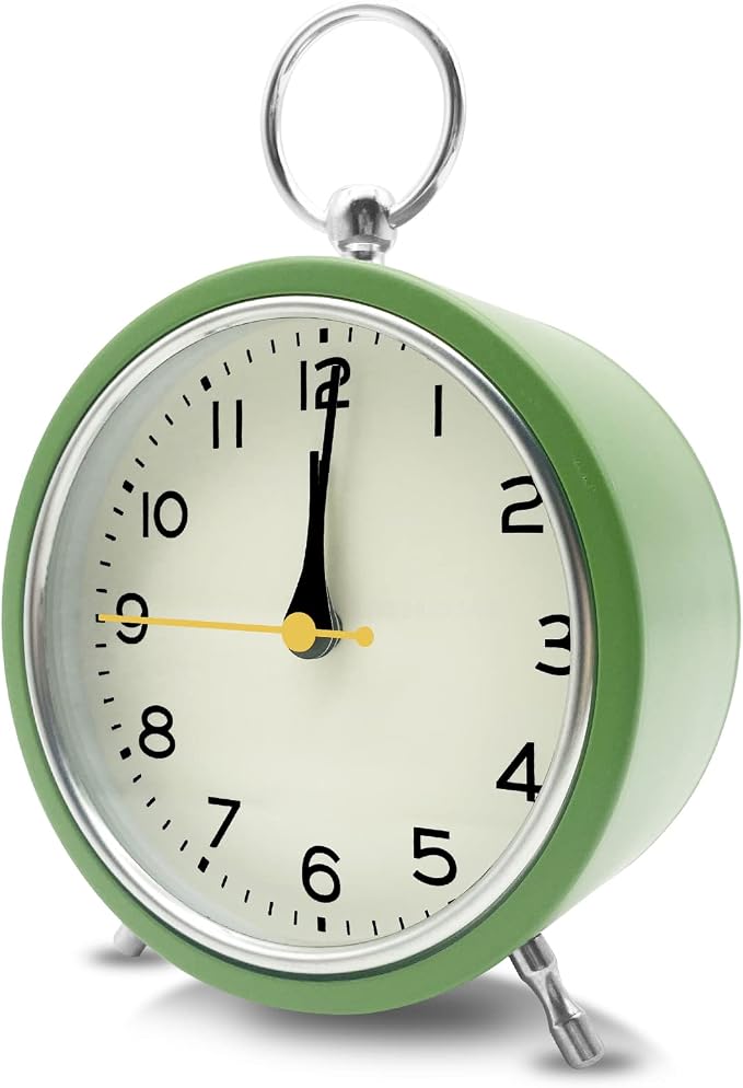 Small Alarm Clock, Silent Non Ticking Quartz Movement, Hanging Modern Metal Design, Battery Operated with Night Light, for Bedroom, Bedside, Desk, Living Room, Office, Shelf, Nightstand (Grass Green)
