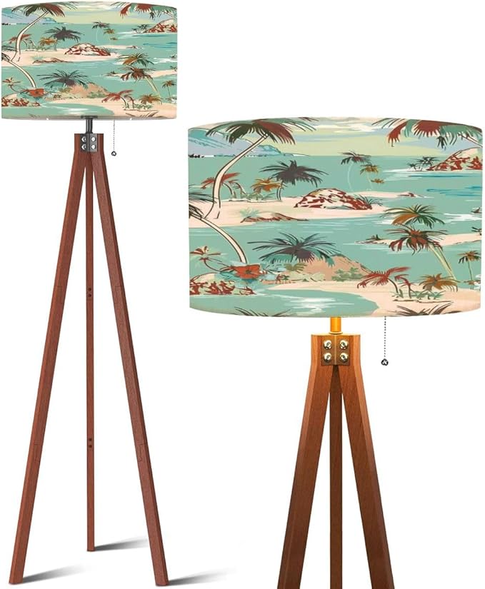 Wood Tripod Floor Lamp Bright summer hawaii seamless island pattern Landscape palm trees Mid Century Standing Lamp Linen Shade Dimmable Modern Tall lamp Home Decor for Living Room Bedroom Office