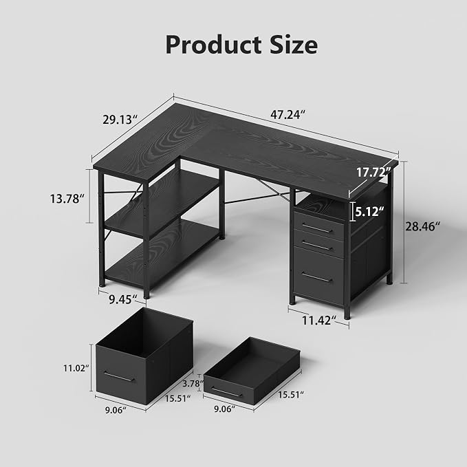 Maihail 47" Computer Desk with Drawers, Desks for Bedrooms, Writing Desk with Storage, Work Desk for Small Space, Black