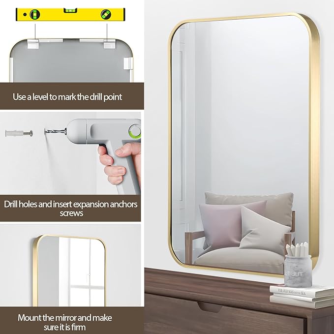 Gold Bathroom Mirror, 26x38 Inch Brushed Gold Mirror, Aluminum Alloy Framed Vanity Mirror, Rounded Rectangle Mirror for Over Sink, Anti-Rust (Horizontally or Vertically)