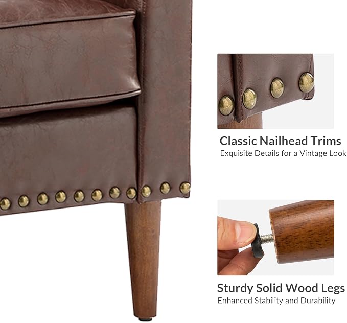 HULALA HOME Faux Leather Accent Armchair with Back & Seat Cushions, Traditional Club Chair with Nailhead Trim, Comfy Upholstered Sofa Chair for Living Room Bedroom, Brown