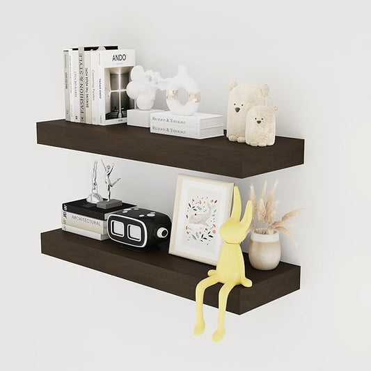 Floating Shelves Board for Wall with Brackets – 24" L x 8" W x 2" T Rich Walnut Melamine Wood Floating Shelves for Bathroom, Kitchen & Living Room Set of 2– DIY & Replacement