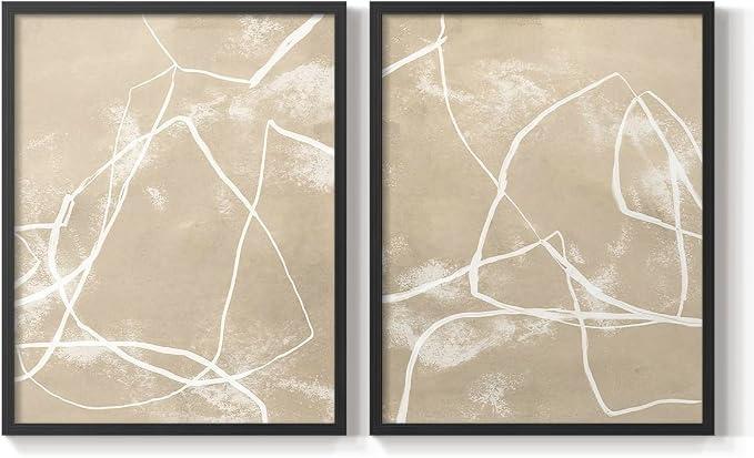 Renditions Gallery Set of 2 Peel & Stick Framed Prints, Neutral Abstract Wall Art, Beige Line Art Pattern Wall Decor, Re-Stickable - Ready to Hang - 11"x14" - Black Frame LT588