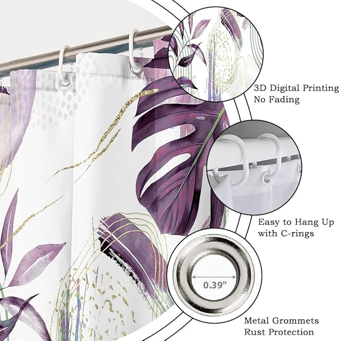 Mid Century Boho Shower Curtain Elegant Gold Purple Palm Leaf Abstract Minimalist Aesthetic Bathroom Decor Watercolor Plant Bathtub Curtains Washable Waterproof Polyester Fabric with Hooks 70x72 Inch