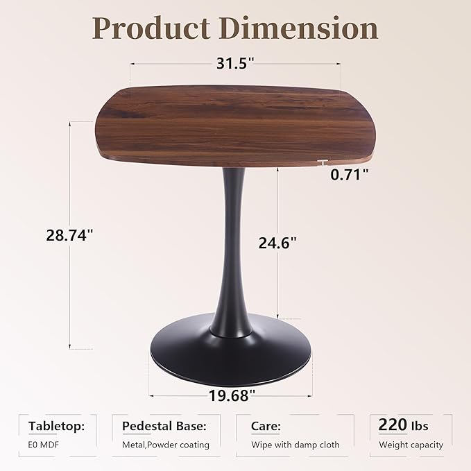 Square Dining Table,31.5" Tulip Table with Metal Pedestal,15-Minute Quick Assembly,Mid Century Modern Leisure Table for Kitchen Small Places Cafe (Faux Walnut)