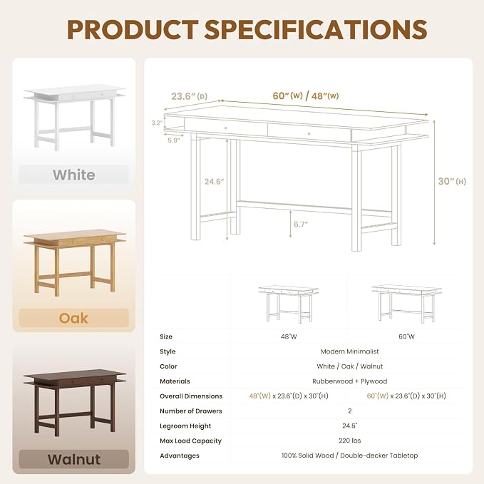 Double-Top Solid Wood Desk - 48-Inch Mid-Century Modern Writing Table with Drawers for Home Office, Study, and Creation, Rubberwood Computer Desk in Honey Oak