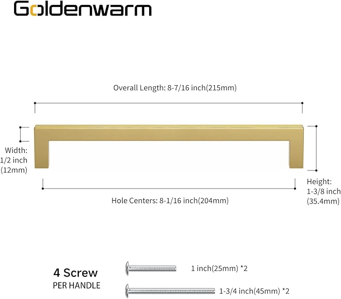 goldenwarm Brushed Gold Cabinet Pulls Gold Hardware for Cabinets - LSJ12GD204 Brass Drawer Pulls Handles for Dresser Drawers 8in(204mm) Hole Centers Furniture Hardware, 5 Pack