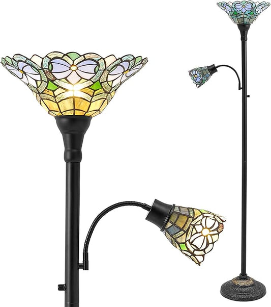 Luvkczc Tiffany Floor Lamp, Stained Glass Lamp Victorian Style with Adjustable Gooseneck Reading Lamp – 70" Tall Torchiere Floor Lamps for Living Room