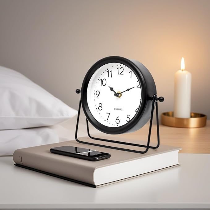 Small Desk Clock – Classic Vintage Silent Non-Ticking Clock with Distressed Metal Frame, Decorative Shelf Decor for Office, Living Room or Bedroom