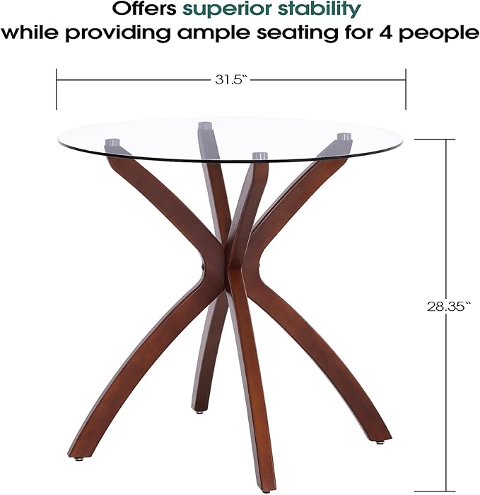 ivinta Small Glass Dining Table for 2-4 People, 31.5-Inch Round Coffee Table with Solid Wood Legs, Mid-Century Modern Kitchen Table for Dining Room, Living Room, Restaurant, CURD-80 (Rustic Brown)