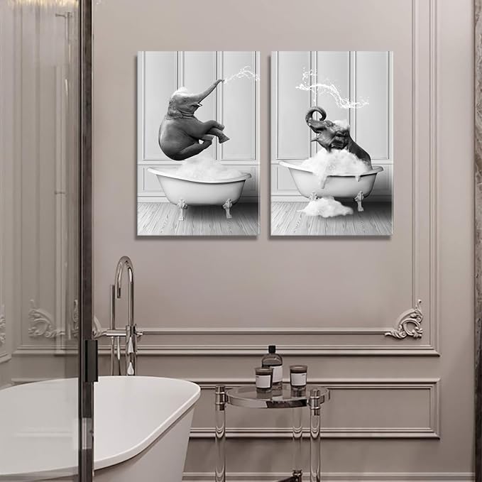 Framed Bathroom Wall Art Funny Kids Bathroom Decor Black and White Canvas Wall Art Pictures Elephant Bathing Animals Abstract Prints for Bedroom Poster 12x16x2Inch Ready to Hang