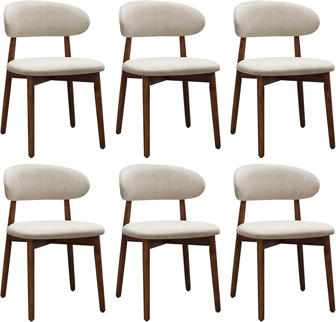 Farmhouse Dining Chairs Set of 6, Mid Century Modern Fabric Upholstered Kitchen Chairs, Wooden Dining Room Chair with Curved Back for Kitchen Dining Room Restaurant Cafe, Warm Gray (Only Chairs)