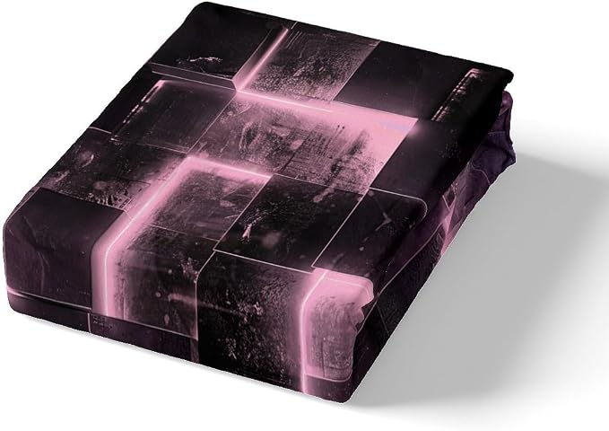 Erosebridal 3D Geometric Bedding Sets Full Abstract Aesthetic Comforter Cover Black and Pink Bed Set Glowing Futuristic Cubes Full Duvet Cover Neon Grid Quilt Cover (Black Reversible)