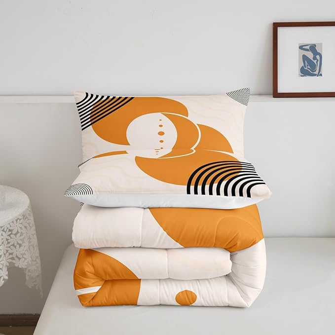 Erosebridal Orange Minimalist Bedding King Mid Century Comforter Set, Geometric Circle Duvet Insert Black Creamy White Aesthetic Down Comforter, Modern Bedding Comforter Sets Microfiber 3 Pieces