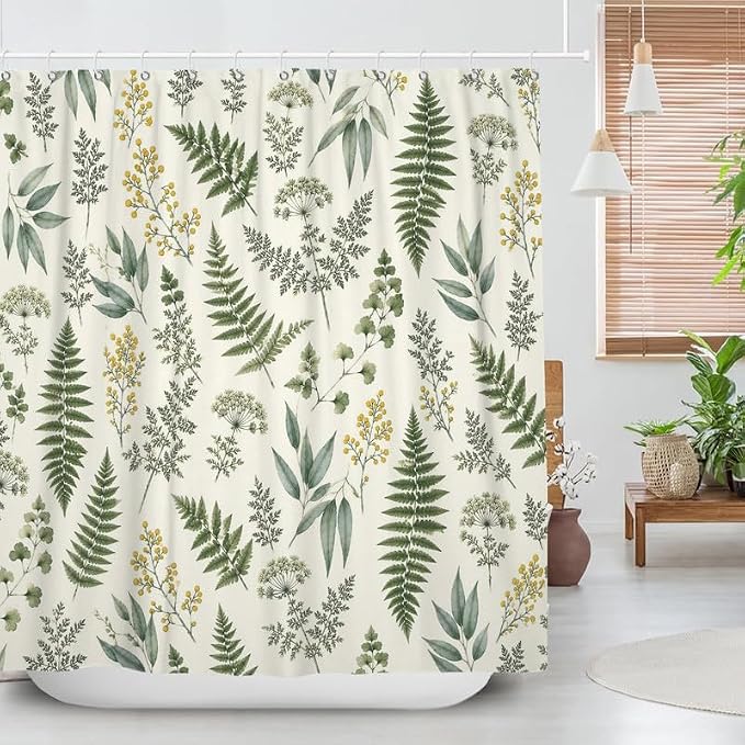 Fern Leaf Vintage Sage Green Shower Curtain Eucalyptus Farmhouse Plant Leaves Rural Floral Botanical Art Natural Waterproof Curtain for Bathroom 72x96 in with 12 Hooks