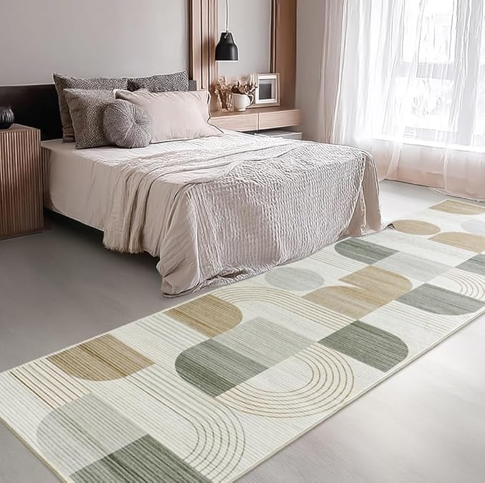 Machine Washable 2x6 Runner Rug, Soft Modern Geometric Abstract Beige Rugs for Bedroom Living Room, Non-Shedding Faux Wool Indoor Throw Floor Carpet for Office Entryway Dining Room Decor