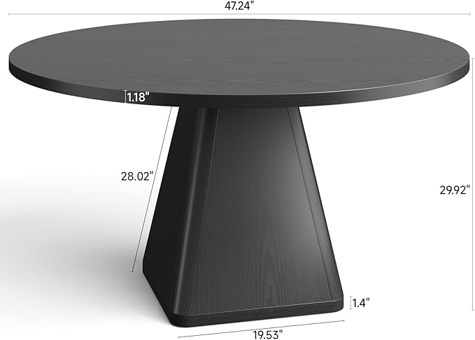 47 Inch Round Dining Table for 4-6, Circle Kitchen Table with Thickened Tabletop, Modern Dining Room Tables with Square Pedestal Base, Dinner Tables for Kitchen Small Space, Black (Table Only)
